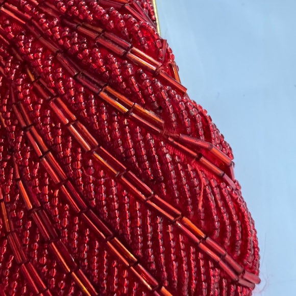 Vintage Red Beaded Clutch with Gold Chain Scalloped Shell Clutch 1950s